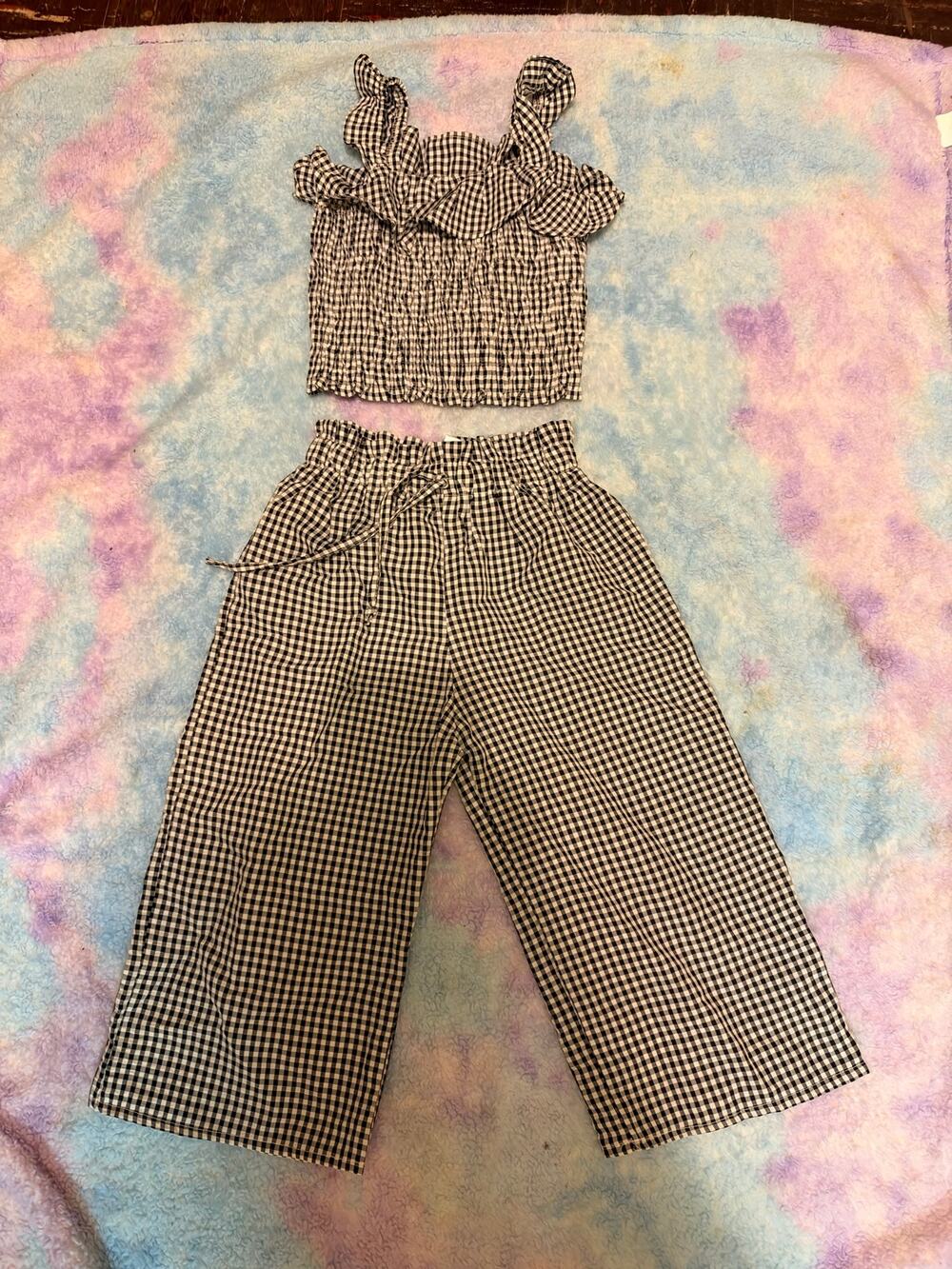 Love Squared Girls' 2-Piece Gingham Smocked Ruffle Cami and Wide-Leg Pants Set